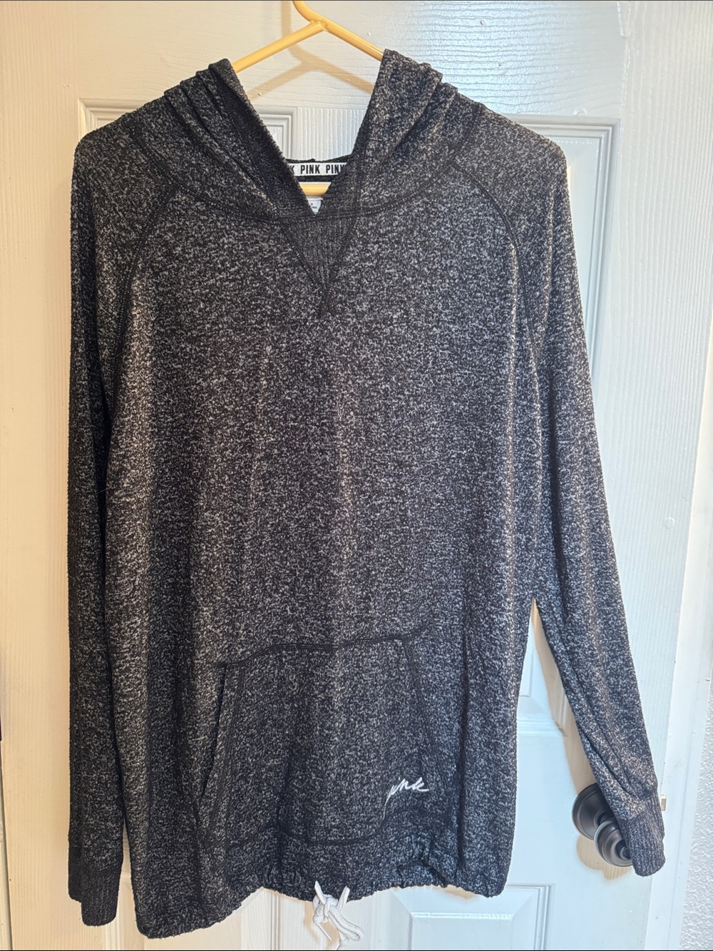 PINK Victoria's Secret Black Heathered Logo Trim Hooded Top